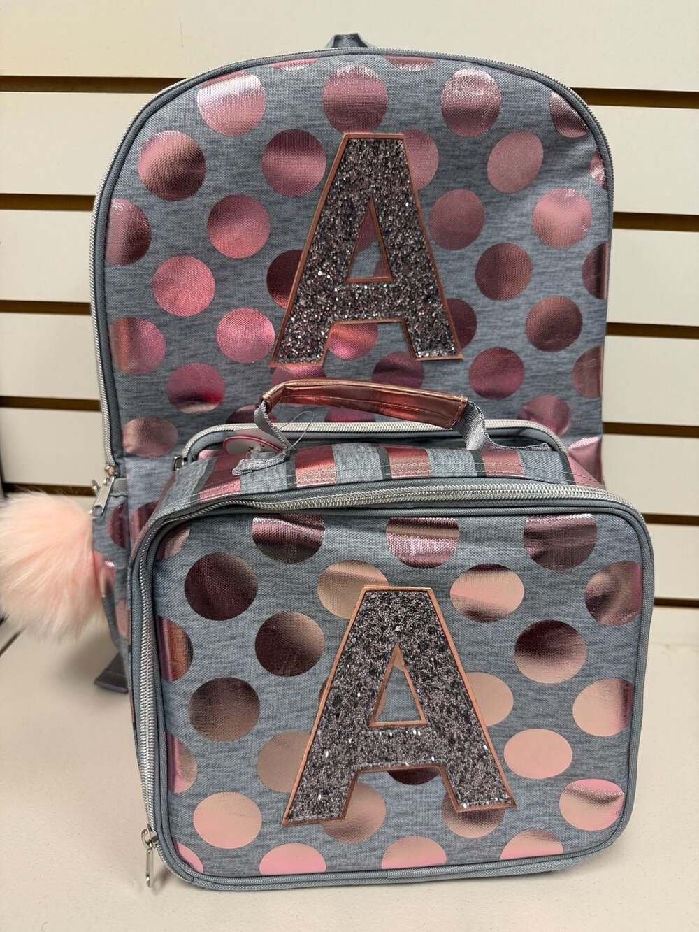 Justice Girls Rose Gold Foil Polka Dot Initial 'A' Backpack & Lunch Tote Bag NWT